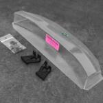 Transparent RC car body shell with mounting accessories.