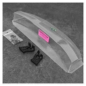 Transparent RC car body shell with mounting accessories.