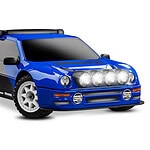 RC car with blue body and racing decals, high-performance RC vehicle for enthusiasts.
