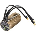 High-performance RC car motor with gold heatsink and waterproof wiring for racing.