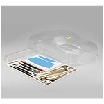 Radio-controlled car clear body shell with decals and stickers for RC car racing and hobby.