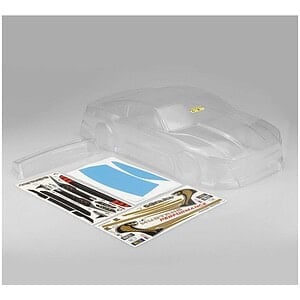 Radio-controlled car clear body shell with decals and stickers for RC car racing and hobby.