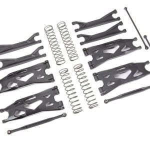 Aluminum RC car suspension arm and shock absorber upgrade parts for off-road racing.