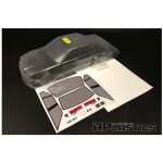 Detailed clear plastic RC car body shell with printed decals for customization.