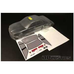 Detailed clear plastic RC car body shell with printed decals for customization.