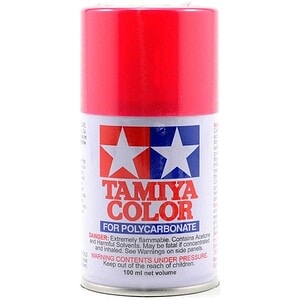 Vibrant red Tamiya Color paint spray for RC car models and hobby projects.