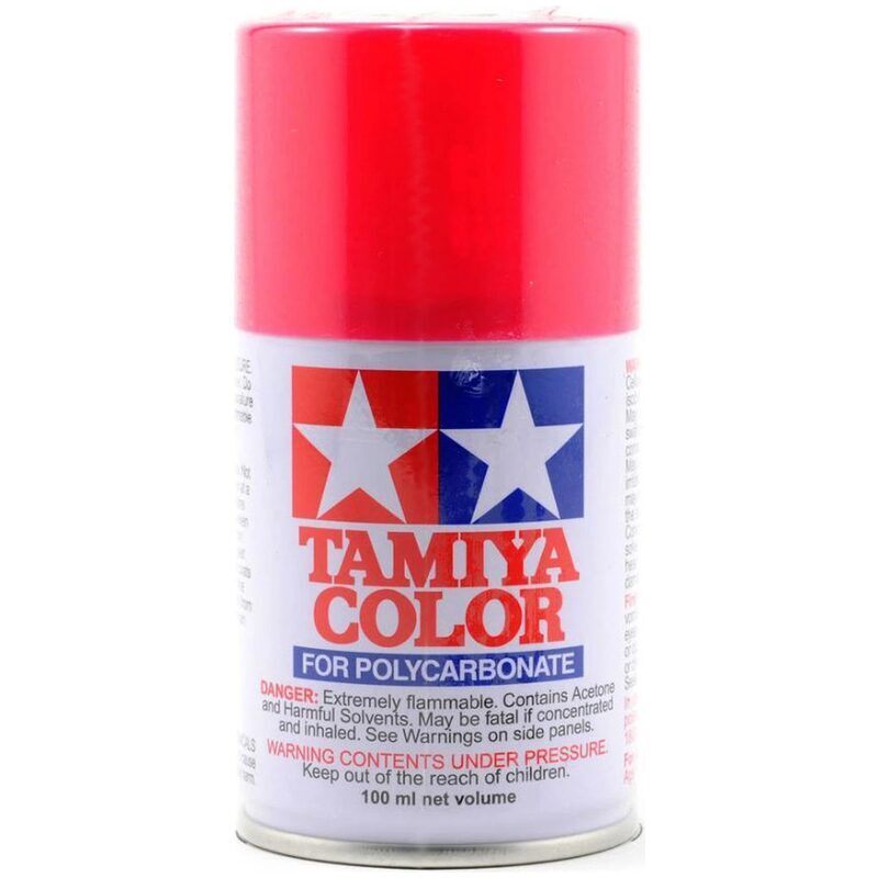 Vibrant red Tamiya Color paint spray for RC car models and hobby projects.
