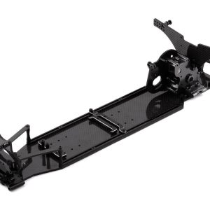 Lightweight RC car chassis with carbon fiber construction for high performance racing.