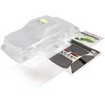 Clear RC car body shell with stickers and decals for customizing remote control cars.