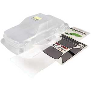 Clear RC car body shell with stickers and decals for customizing remote control cars.