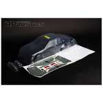 Detailed RC car body shell with decals and components for customization. Perfect for hobbyists and RC racing enthusiasts.