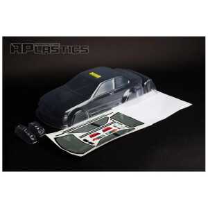 Detailed RC car body shell with decals and components for customization. Perfect for hobbyists and RC racing enthusiasts.