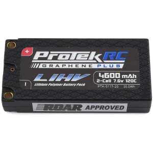 High-performance RC lithium polymer battery for RC cars and drones, 4600mAh, 7.6V, 120C.