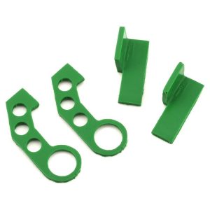 Green RC car servo horn linkage parts for hobby racing cars.