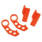 Orange RC car suspension arm and bumper spacers for off-road racing.