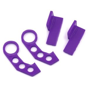 Purple RC car suspension arm and bumper clips for off-road racing.