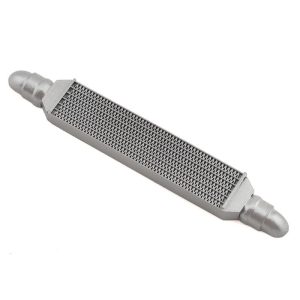 Aluminum radiator for RC cars with cooling fins for optimal performance.