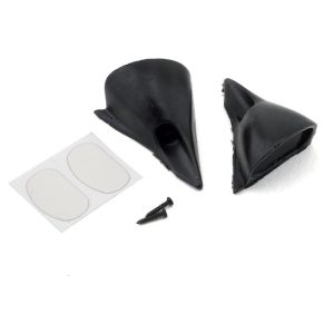 Black RC car replacement parts, foam bumper protectors, adhesive stickers, and screws.