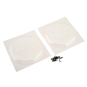 Replacement clear wheel caps with mounting screws for RC cars. Easy to install for optimized performance.