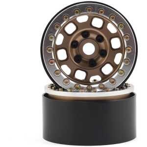 High-performance RC car wheel with metallic and rubber tires for off-road racing.