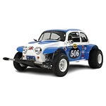 Remote control off-road race car with blue and white body and large tires.