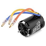 High-performance RC car brushless motor with ESC and colorful wiring for off-road racing.