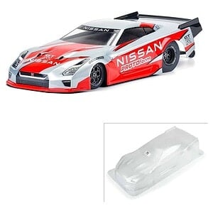 Detailed RC Nissan GT race car body with Nissan and ProTorm branding, high-performance design.