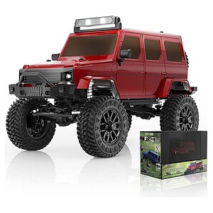 Detailed red RC off-road monster truck with large tires and rugged suspension.
