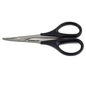 High-quality stainless steel RC scissors with black ergonomic handles for precise cutting.