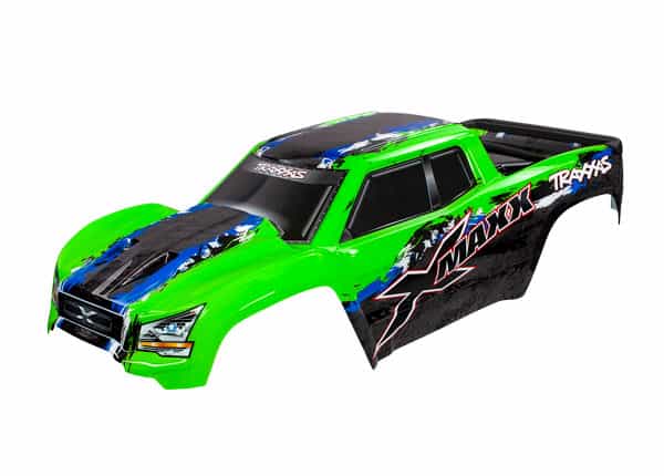 Body X-Maxx green (painted decals applied) (assembled with front and rear body mounts rear body support and tailgate protector)