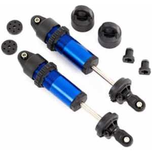 High-performance RC car shock absorbers with blue alloy bodies for enhanced durability and control.