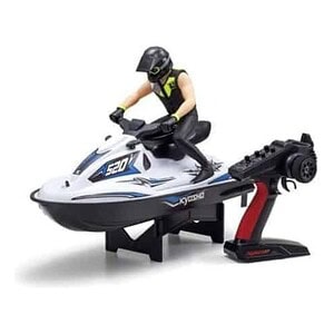 Remote control boat with a miniature rider figurine for RC car enthusiasts.