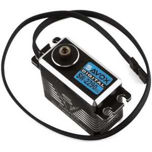 Close-up of Savox SW-2290SG digital servo with black wires and mounting gear.