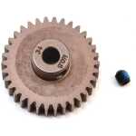 Small black and blue RC gear with metal gear on white background.