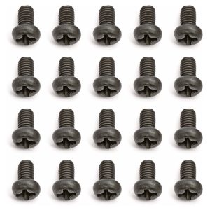 Close-up of black mini screws used for RC car assembly and maintenance.