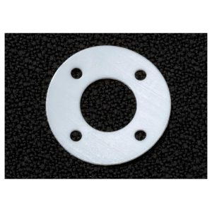 A white, circular RC car gear with four mounting holes on a dark textured background.