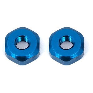 Blue aluminum hex nuts for RC car wheels, lightweight, high strength, and corrosion-resistant.
