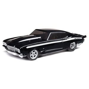 Detailed scale model of a classic race-inspired RC car with black paint and racing decals.