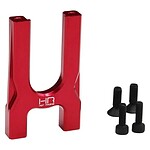 Durable red aluminum RC car stand with screws for stability and easy setup.