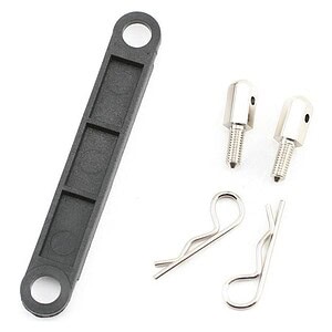 Traxxas Battery hold-down plate (black)/ metal posts (2)/body clips (2) TRA3727