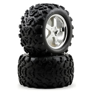 Traxxas Tires and wheels assembled glued (Hurricane chrome wheels Maxx tires - foam inserts) (2)