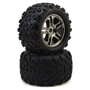Traxxas Tires and wheels assembled glued (SS (Split Spoke) black chrome wheels - Maxx tires  (2)