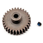 Rugged metal gear with a small blue and black pin for RC car motor gear assembly.