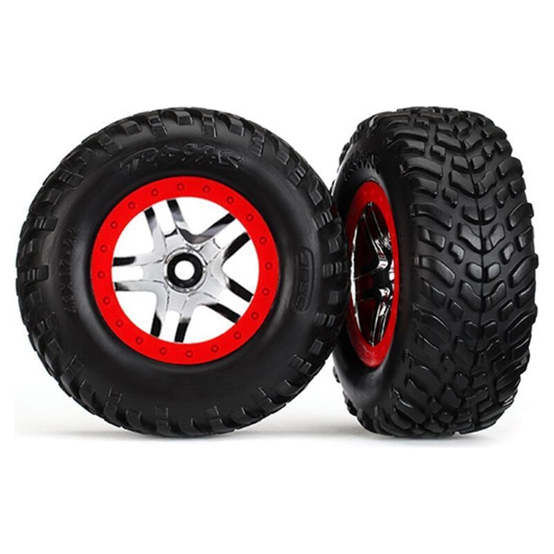 Traxxas Tires and wheels assembled glued Split-Spoke chrome red beadlock