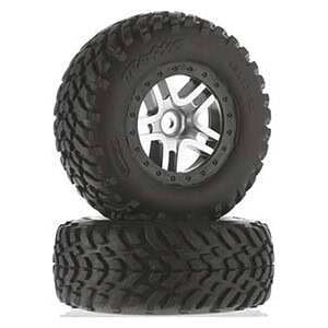 Traxxas Tires and wheels assembled glued Split-Spoke satin chrome black beadlock