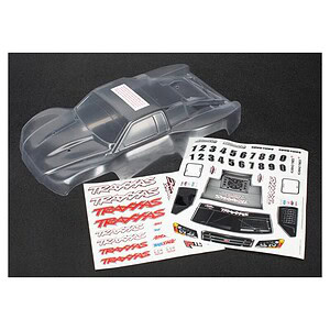 Detailed transparent RC car body shell with decals and stickers.