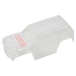 Clear plastic RC car body shell for custom paint and design. Perfect for remote control car enthusiasts.