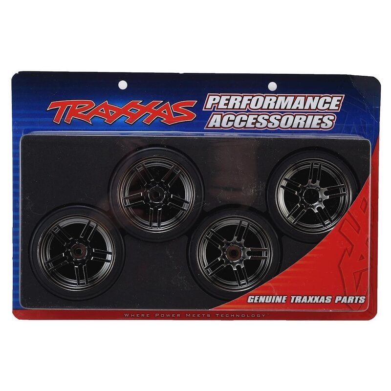 Traxxas Tires and wheels assembled glued (split-spoke black chrome wheels 1.9 Drift tires) (front and rear) TRA8378