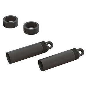 Alt text: Black shock absorbers with mounting collars for RC cars, ideal for off-road remote-controlled vehicles.