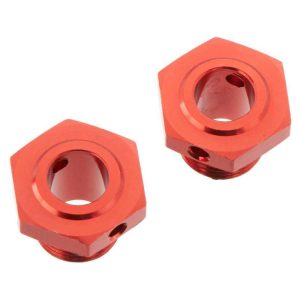 Aluminum RC car motor mount adapters in red, precision-machined for improved performance and durability.